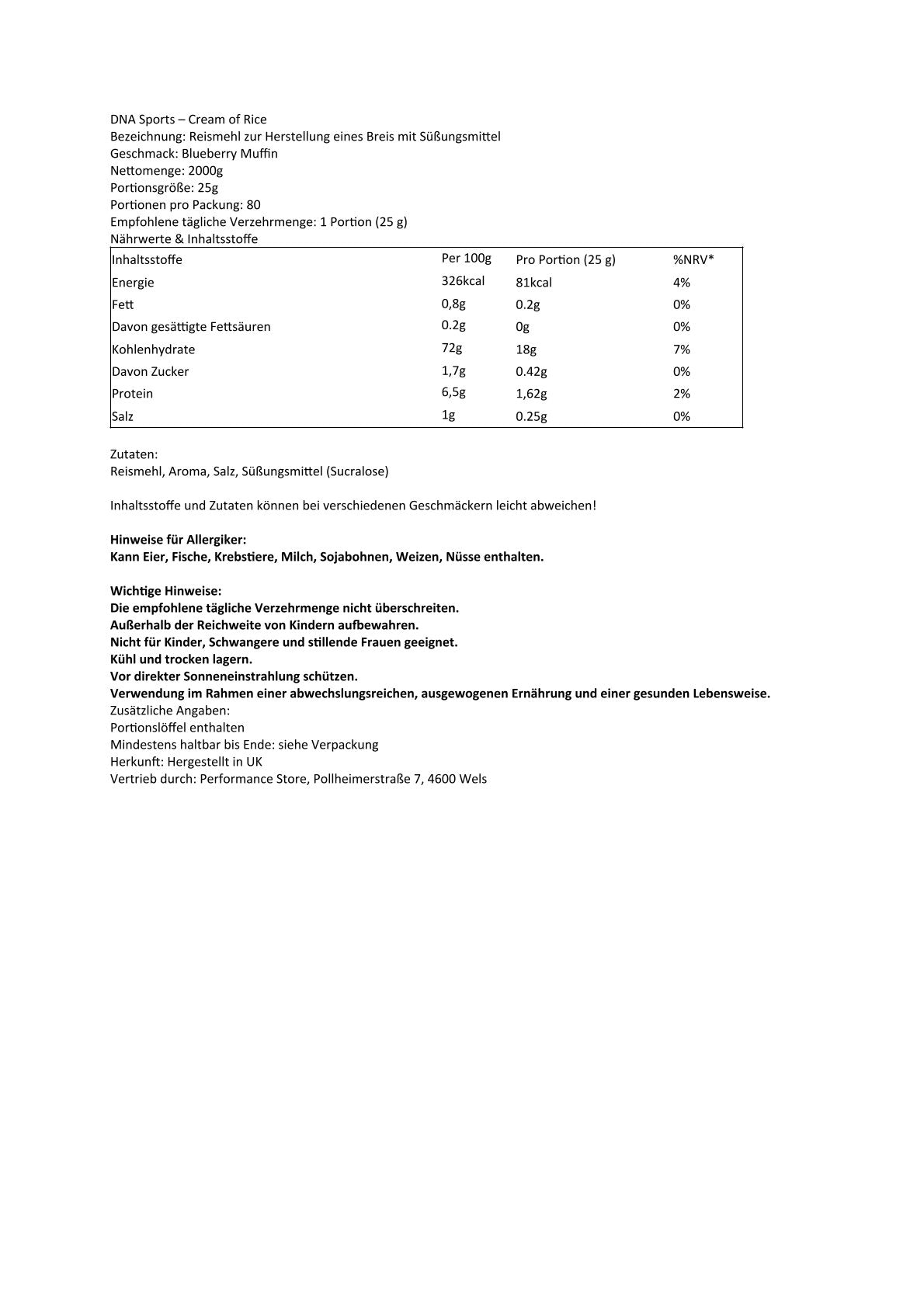 DNA Sports - Cream of Rice 2kg