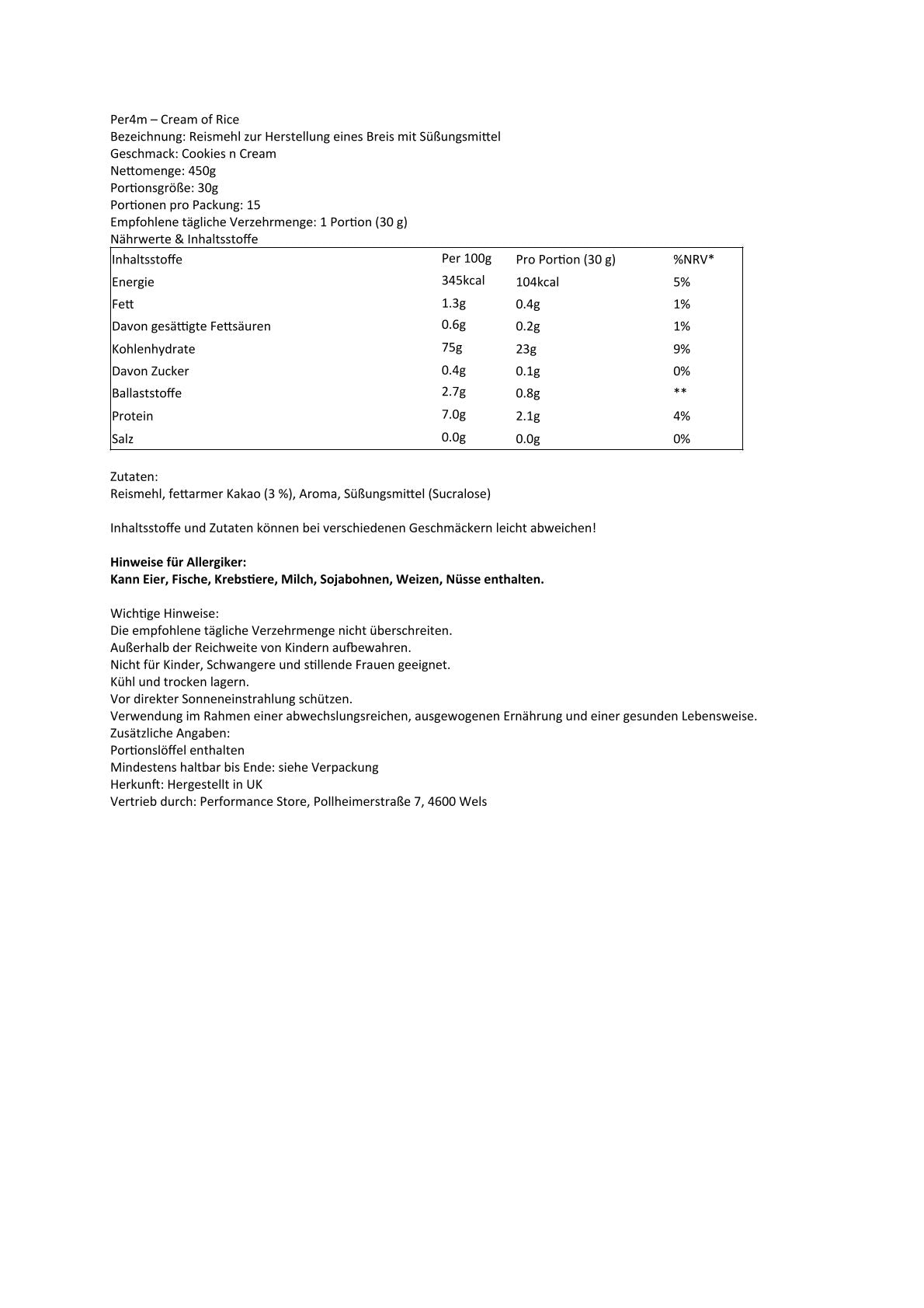 Per4m - Cream of Rice 2kg