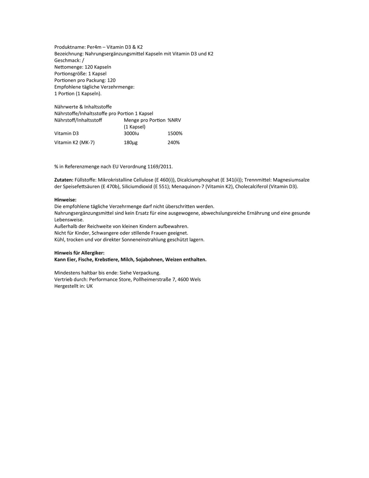 Per4m - Vitamin D3 Plus K2 Tablets