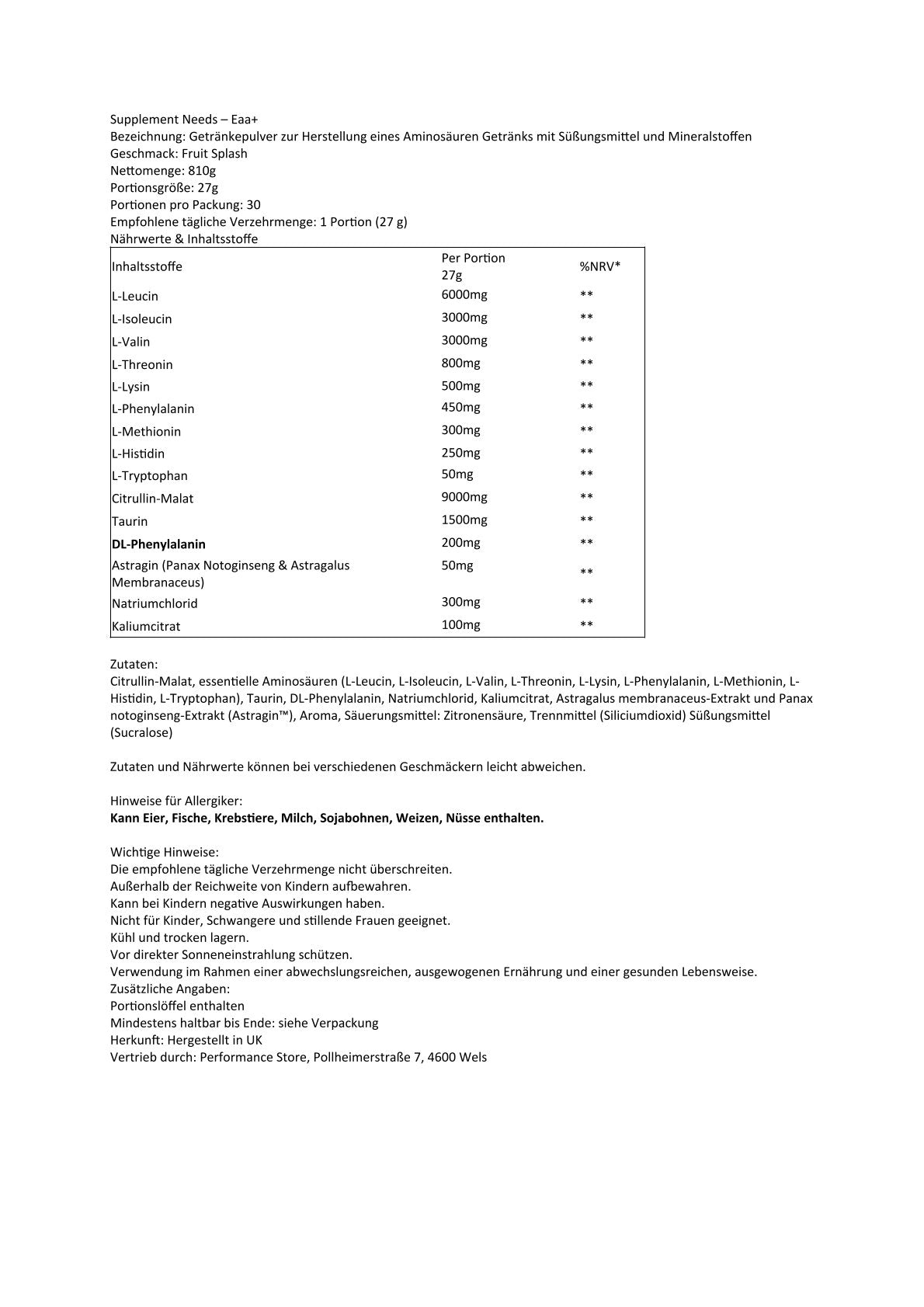 Supplement Needs - Intra EAA+