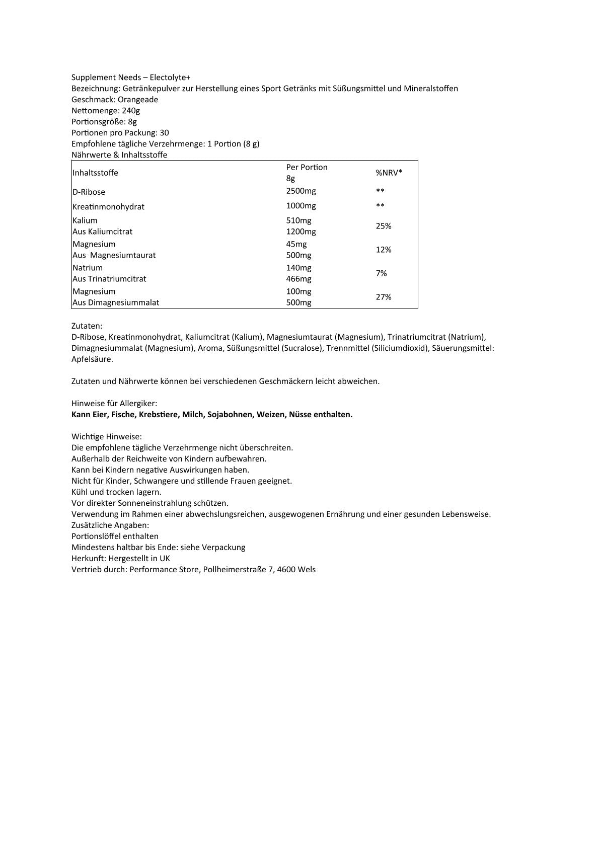 Supplement Needs - Electrolyte+